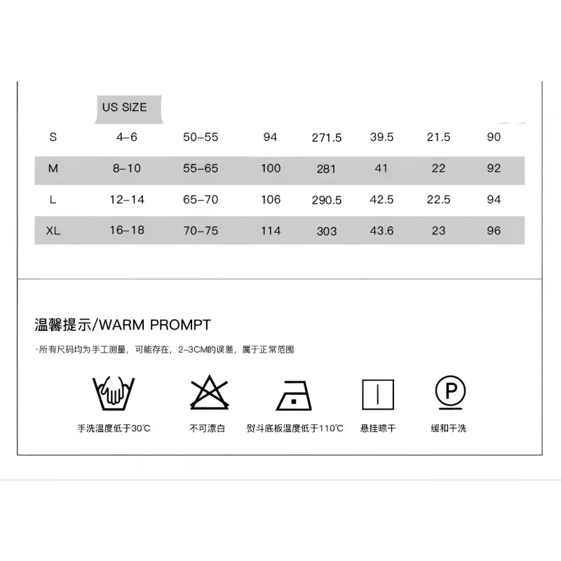 Clothing size chart and care instructions.
