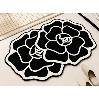 Black and white floral rug.
