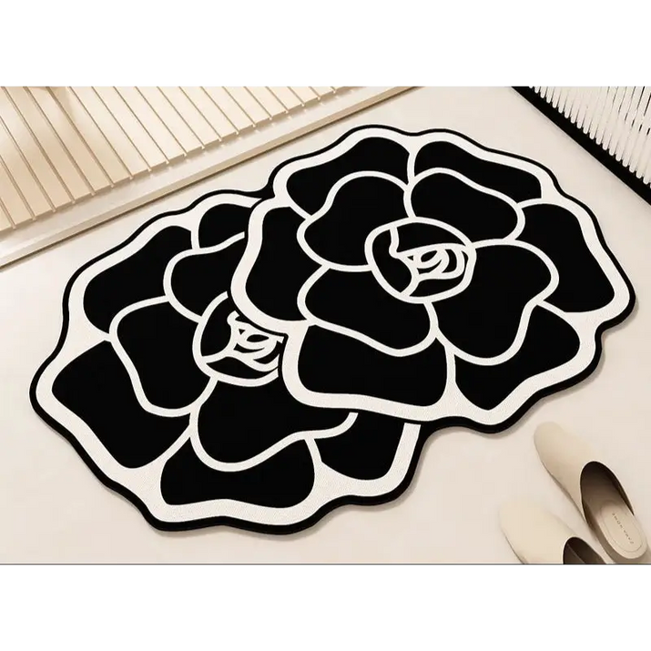 Black and white floral rug.