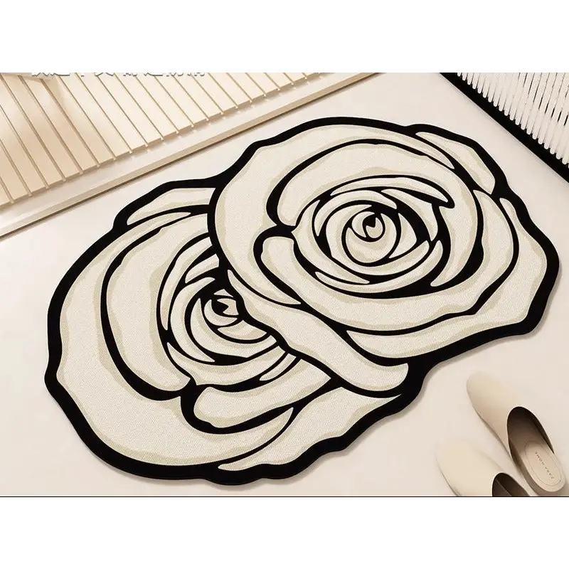 Rose-shaped rug with black outlines.