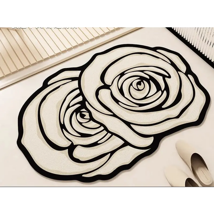 Rose-shaped rug with black outlines.