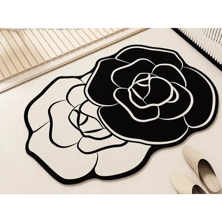 Black and white floral rug.