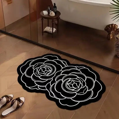 Black and white floral bath mat.