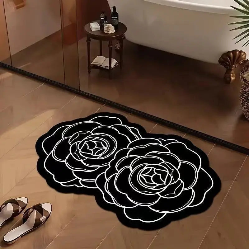 Black and white floral bath mat.