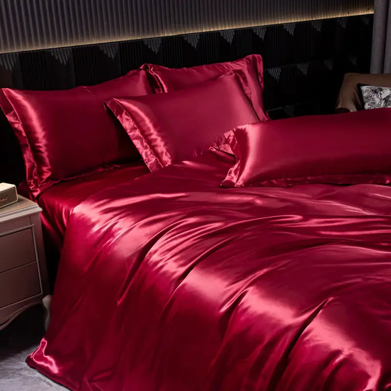 Luxurious red satin bedding.