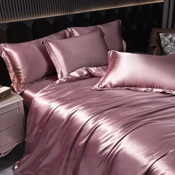 Shiny pink satin bedding.
