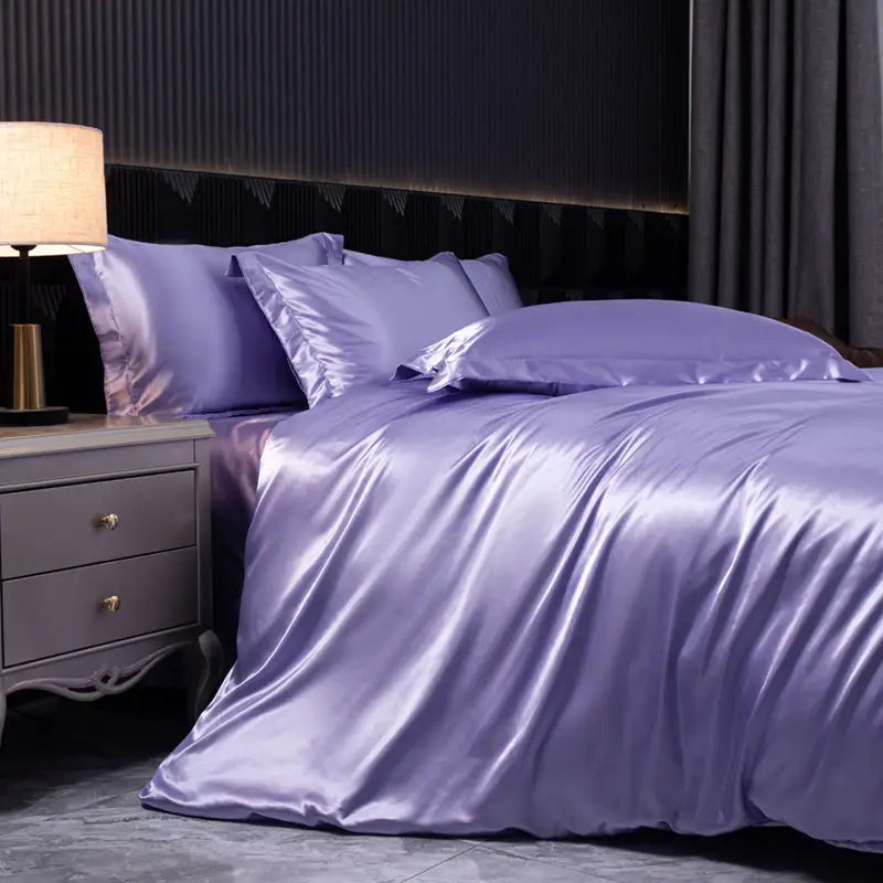 Lavender satin bedding.