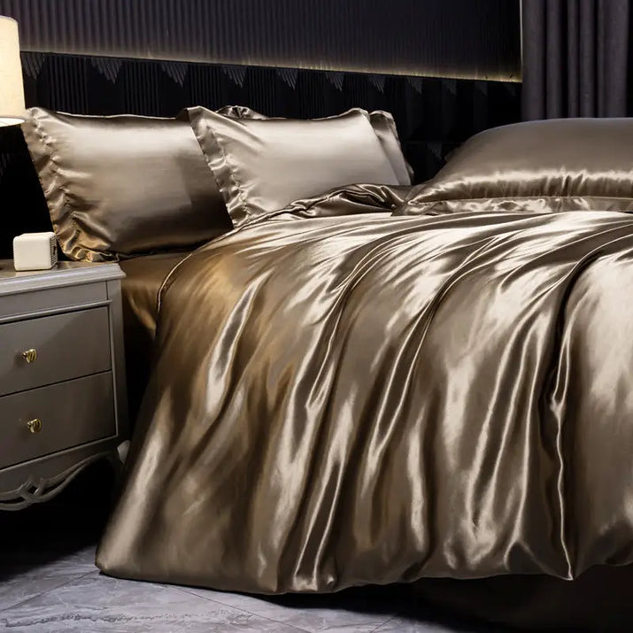 Brown satin bedding set.