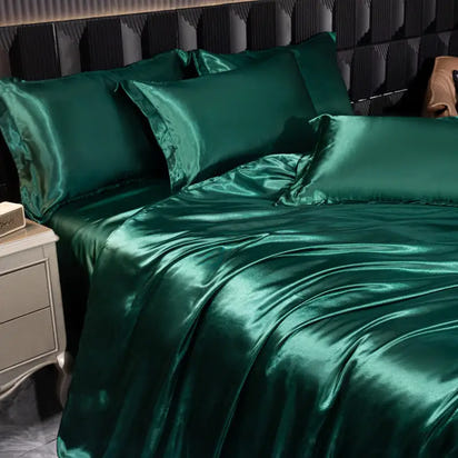 Lustrous emerald green satin bedding.