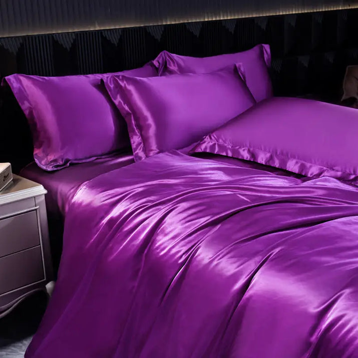 Purple satin bedding.