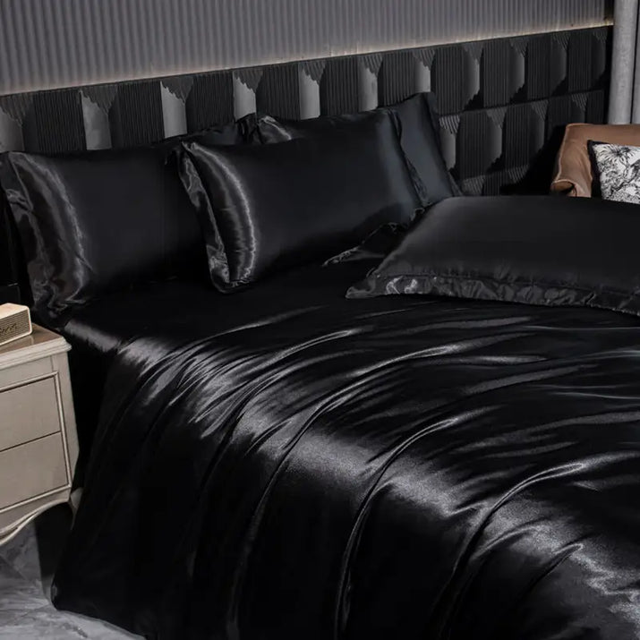 Black satin bedding.