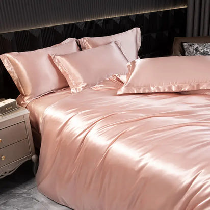 Pink satin bedding set.