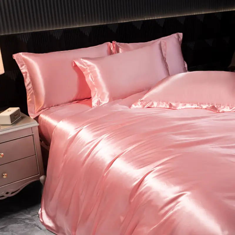Pink satin bedding.