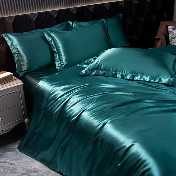 Emerald green satin bedding.