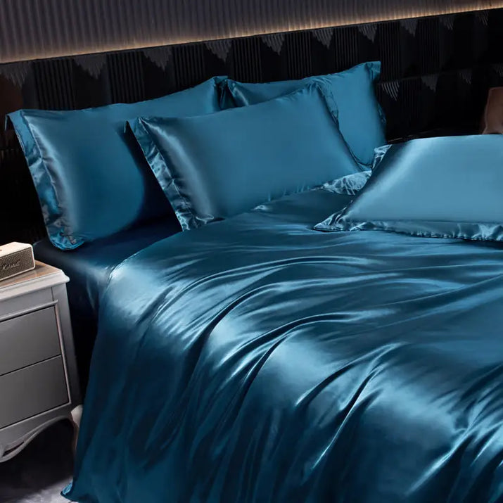 Luxurious blue satin bedding.