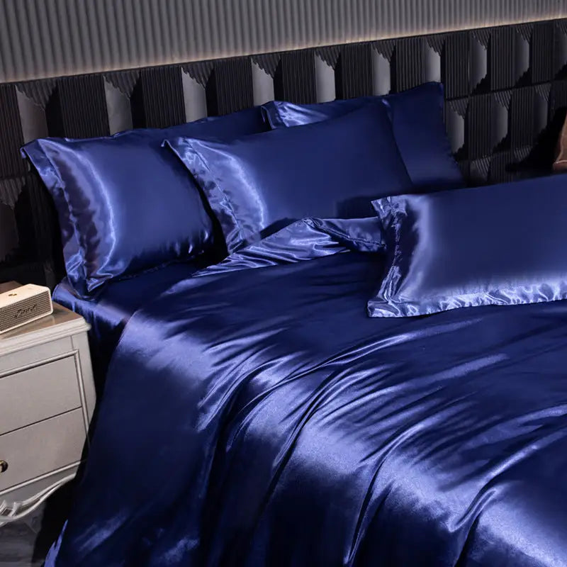 Luxurious blue satin bedding.