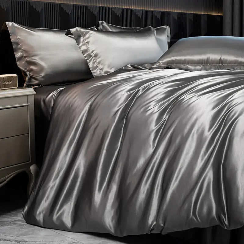 Gray silk bedding.