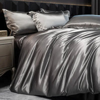 Gray silk bedding.