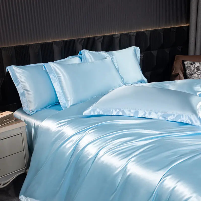 Light blue satin bedding.