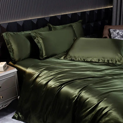 Olive green satin bedding.
