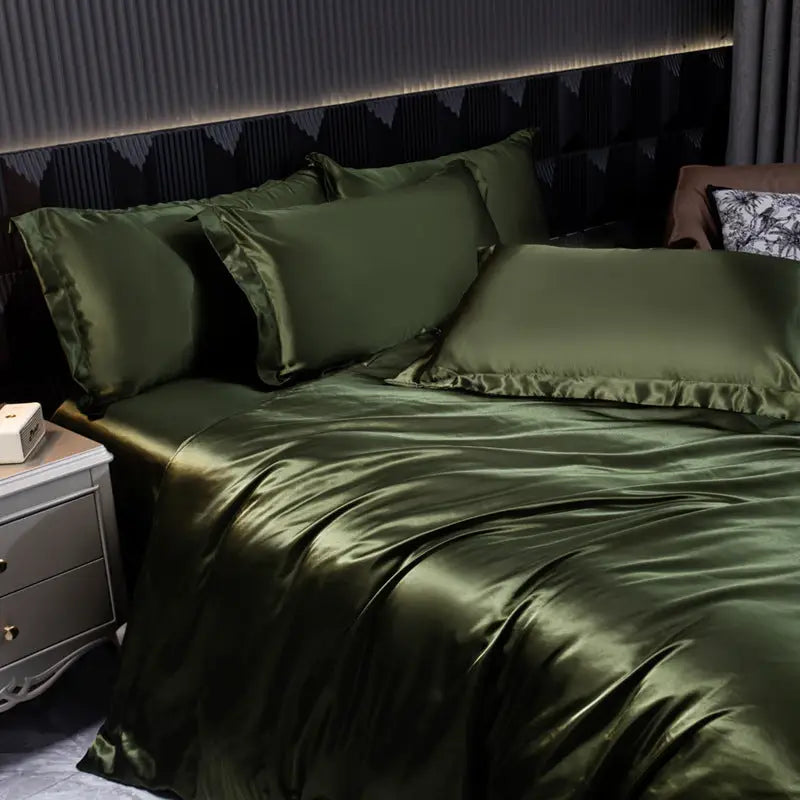 Olive green satin bedding.