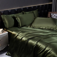 Olive green satin bedding.