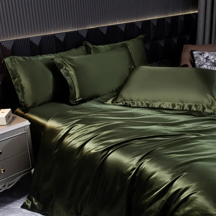 Olive green satin bedding.