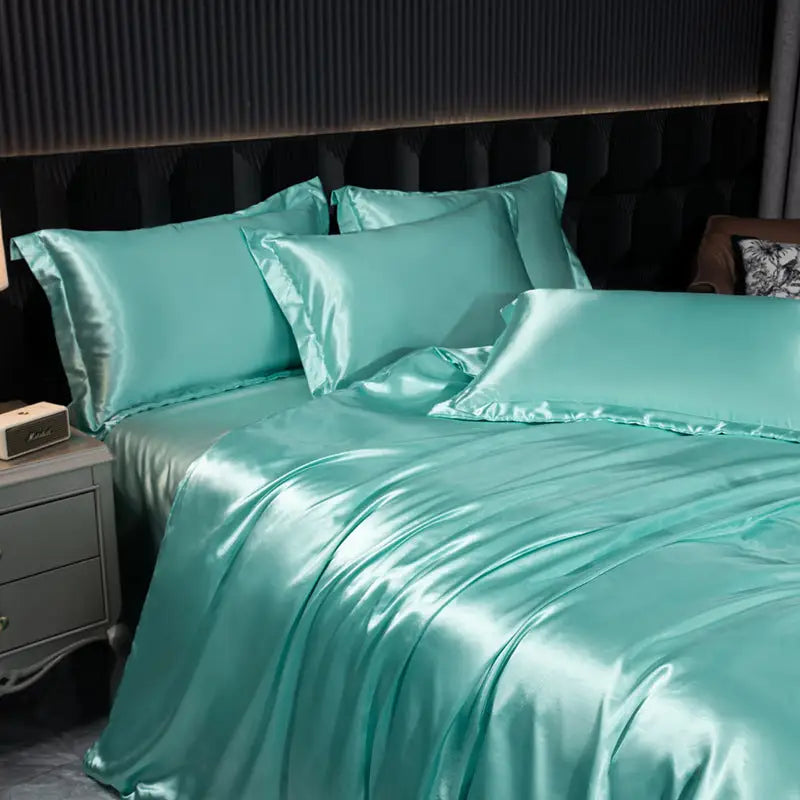 Aqua satin bedding set.