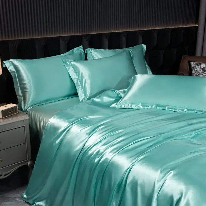 Aqua satin bedding set.