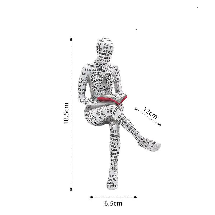 Seated figure covered in text reading a book.