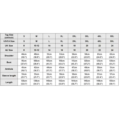 Clothing size chart.