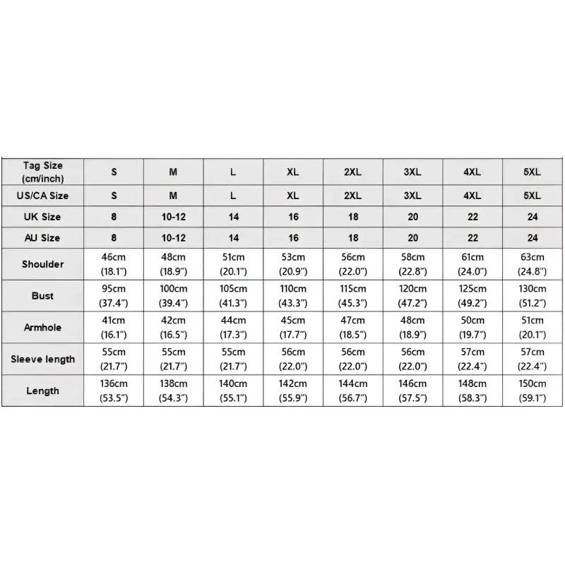Clothing size chart.