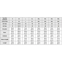 Clothing size chart.