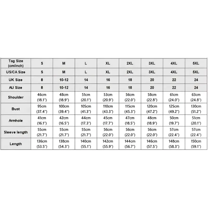 Clothing size chart.