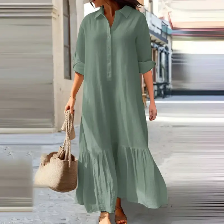 Sage green, long-sleeved, collared maxi dress.