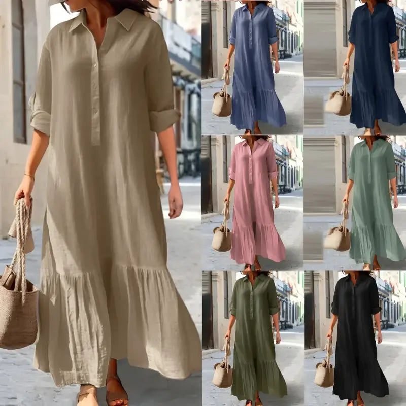 Women’s long-sleeved button-down maxi dress.