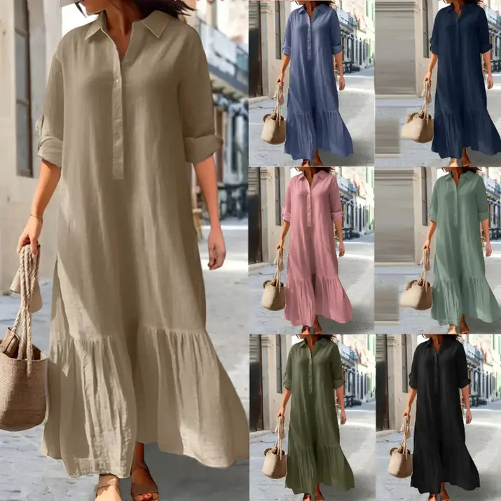 Women’s long-sleeved button-down maxi dress.