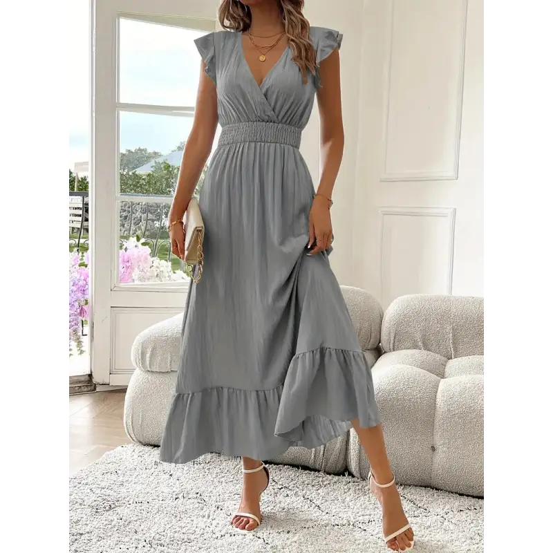 Gray ruffled midi dress.