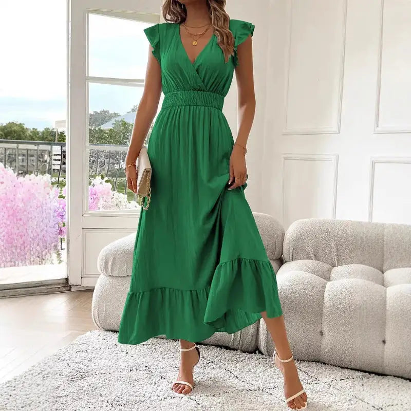 Green V-neck maxi dress.
