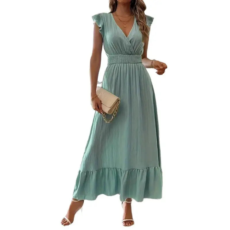 Mint green V-neck maxi dress.