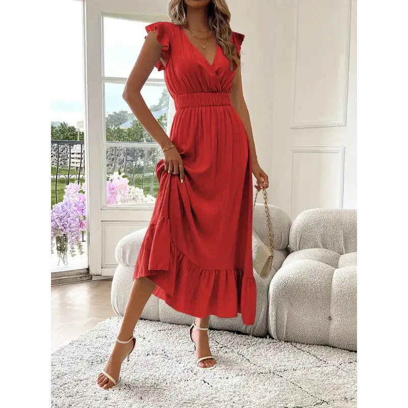 Red ruffled midi dress.