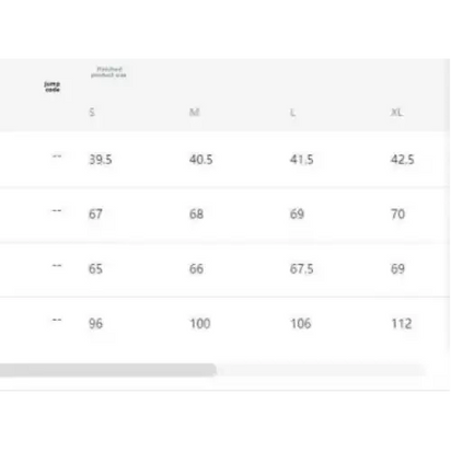 Clothing size chart.