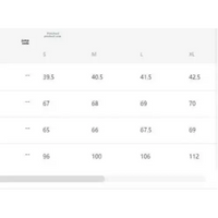 Clothing size chart.