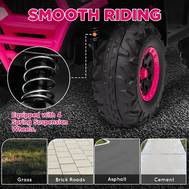 Pink and black toy truck wheel with spring suspension for Kids ATV vehicle