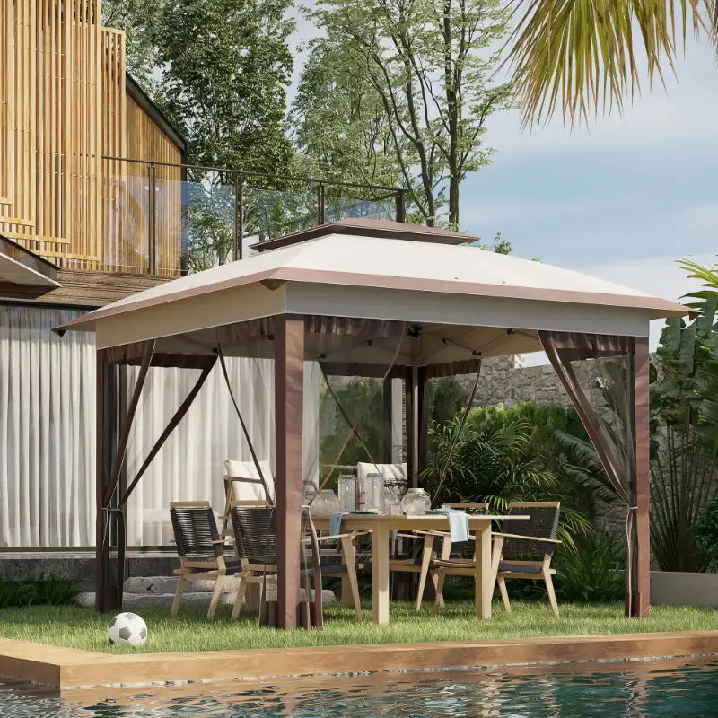Outdoor dining gazebo under a 12 x 12 pop up canopy for shade and shelter