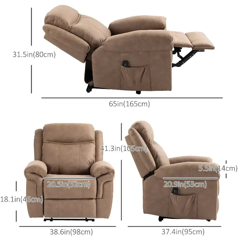 Beige recliner with dimensions.