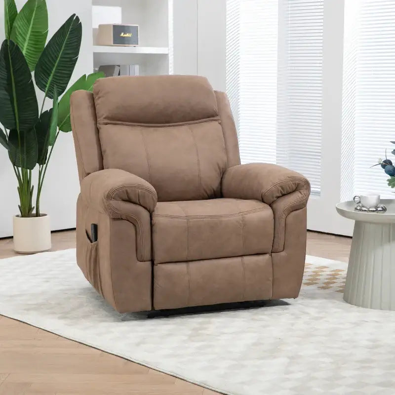 Beige upholstered recliner.