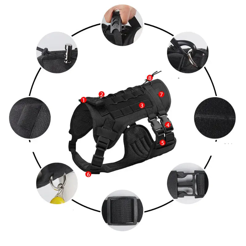 Black tactical dog harness with numbered features for medium and large dogs chest vest leash
