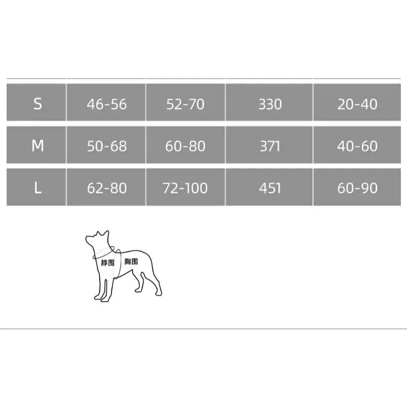 Dog harness size chart for tactical chest vest and leash for large dogs
