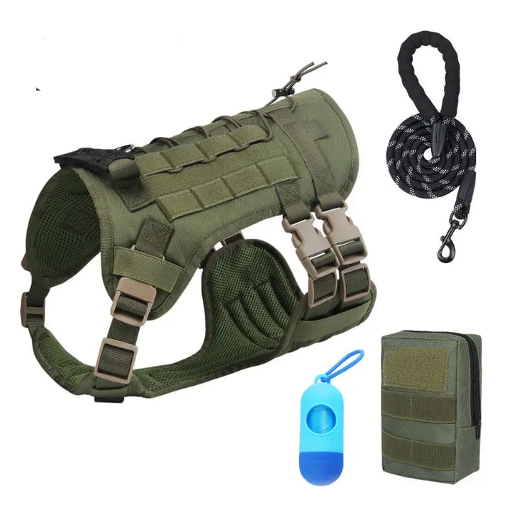 Olive green tactical chest vest with accessories for large dogs and chest vest leash